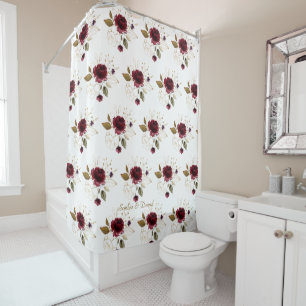 Elegant Delicate Burgundy Gold Flowers Monogram Shower Curtain