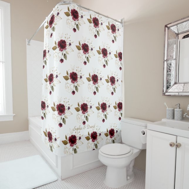 Elegant Delicate Burgundy Gold Flowers Monogram Shower Curtain (In Situ)