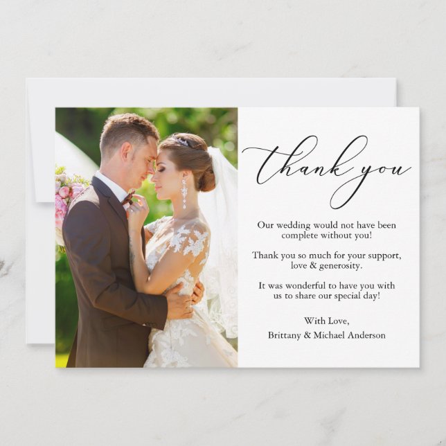 Elegant Delicate Calligraphy Photo Wedding Thank You Card (Front)