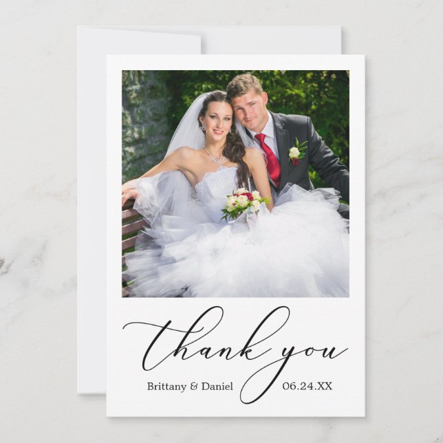 Elegant Delicate Calligraphy Script Photo Wedding Thank You Card (Front)