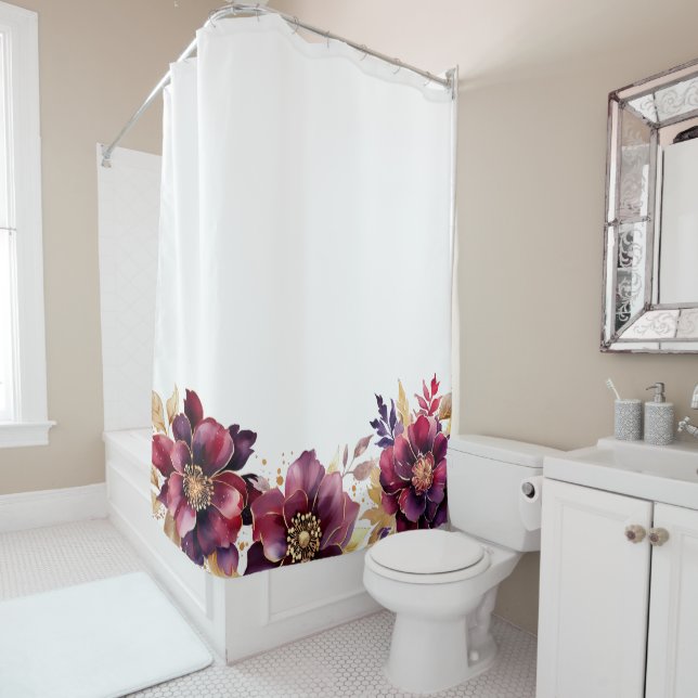 Elegant delicate floral golden purple white shower curtain (In Situ)
