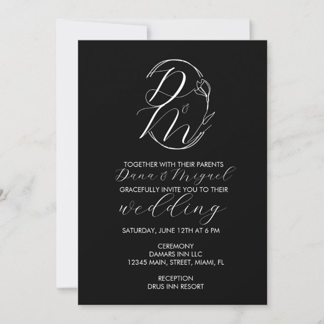 Elegant Delicate Floral Wedding Logo Monogrammed B Invitation (Front)