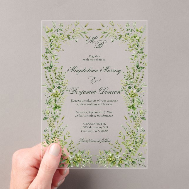 Elegant Delicate Greenery Botanical Garden Wedding Acrylic Invitations (Insitu (Handheld))