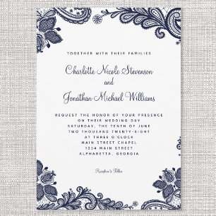 Elegant Delicate Lace Wedding Navy Blue White Chic Invitation