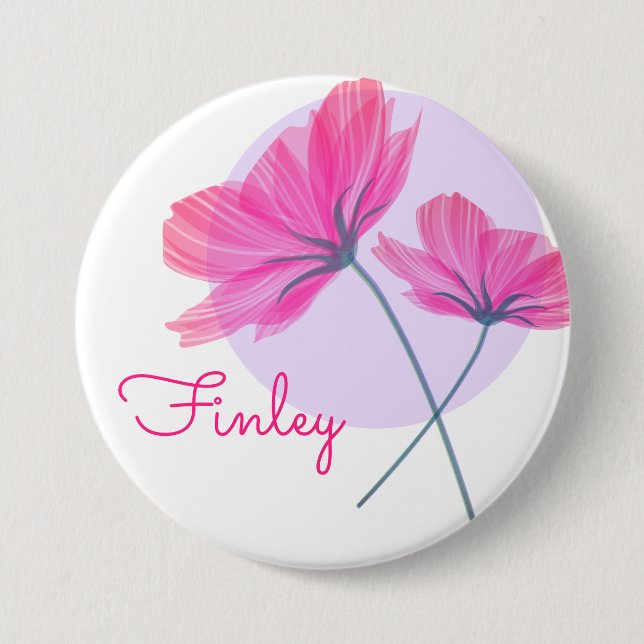 Elegant delicate pink flowers name light blue dot 7.5 cm round badge (Front)