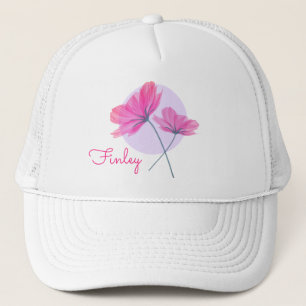 Elegant delicate pink flowers name light blue dot trucker hat