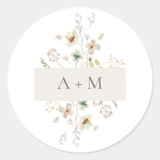 Elegant Delicate Pressed Floral Monogram Wedding Classic Round Sticker (Front)