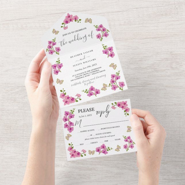 Elegant Delicate Purple Orchids Bohemian Botanical All In One Invitation (Tearaway)