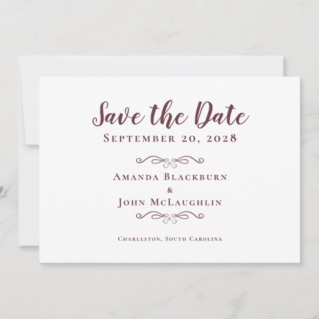 Elegant Delicate Romantic Calligraphy Burgundy Red Save The Date (Front)