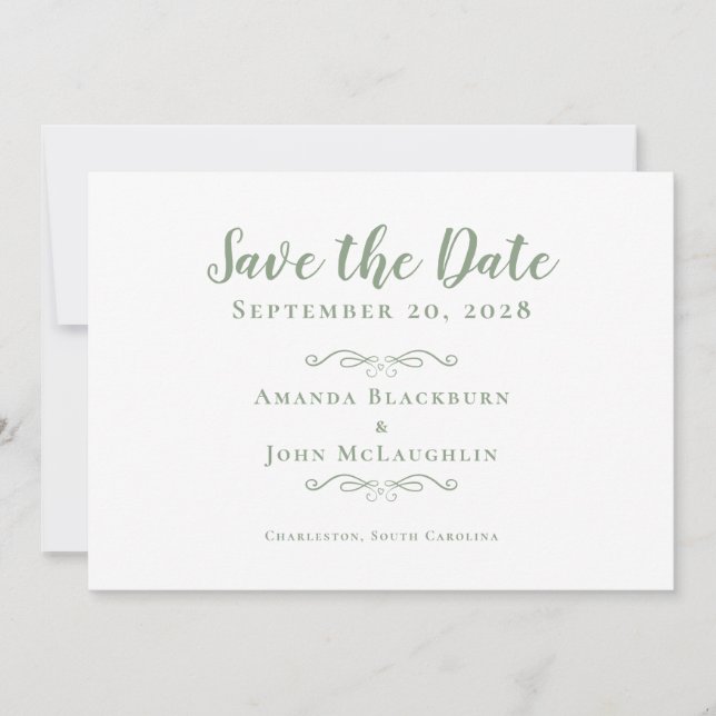 Elegant Delicate Script Romantic Calligraphy Green Save The Date (Front)