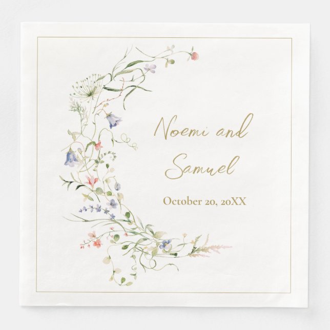 Elegant Delicate Watercolor Wildflower Wedding Napkin (Front)