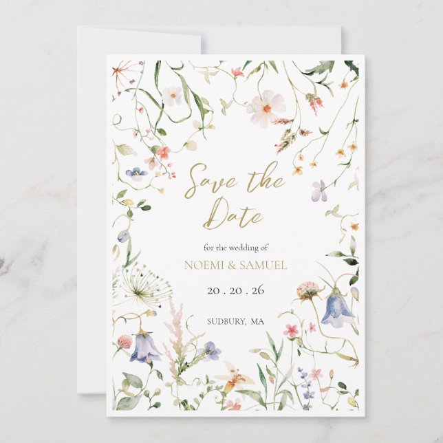 Elegant Delicate Watercolor Wildflower Wedding Save The Date (Front)