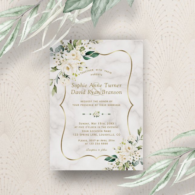 Elegant Delicate White Flowers Gold Marble Wedding Invitation (Creator Uploaded)