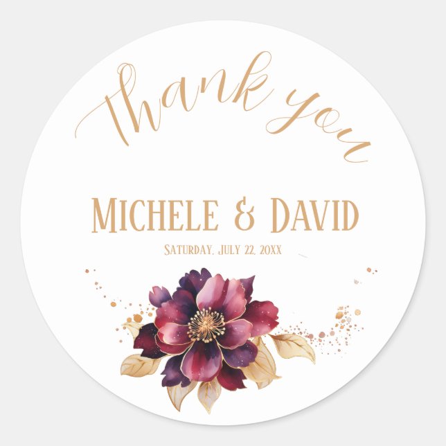 Elegant delicate white gold burgundy Thank you Classic Round Sticker (Front)