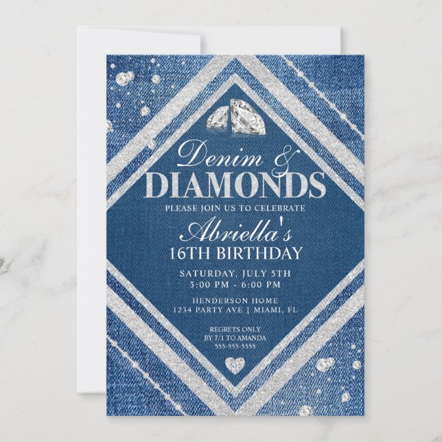 Elegant Denim and Diamonds Birthday Invitation (Front)