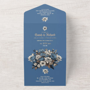 Elegant Denim and Navy Floral All in One Invitatio Invitation