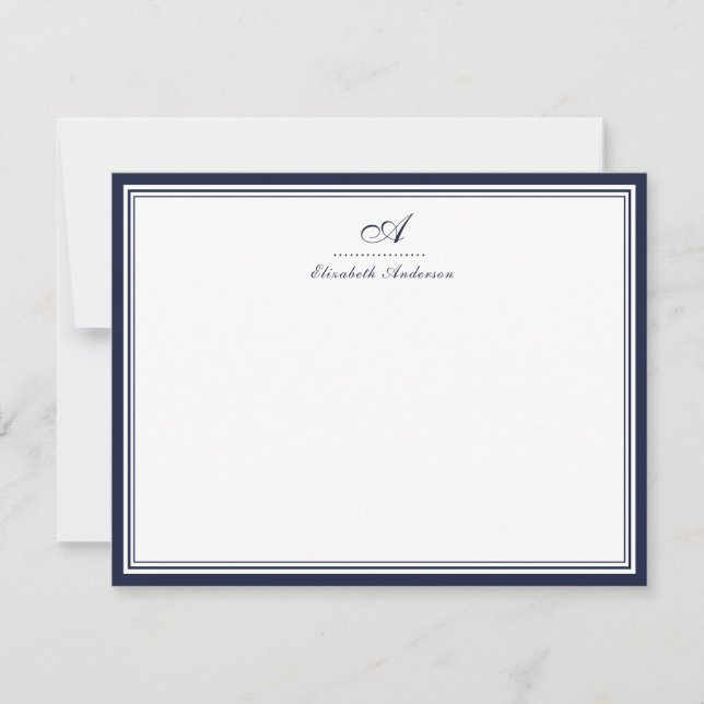 Elegant Denim Blue Monogram Correspondence Card (Front)