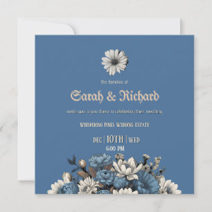 Elegant Denim & Navy Blue Floral Wedding Invitation
