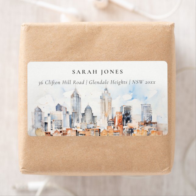Elegant Denver Colorado Skyline Watercolor Address (Insitu)