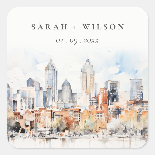 Elegant Denver Colorado Skyline Watercolor Wedding Square Sticker (Front)