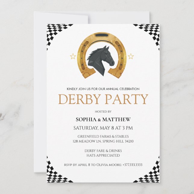 Elegant Derby Party Invitation with Gold Horseshoe (Front)