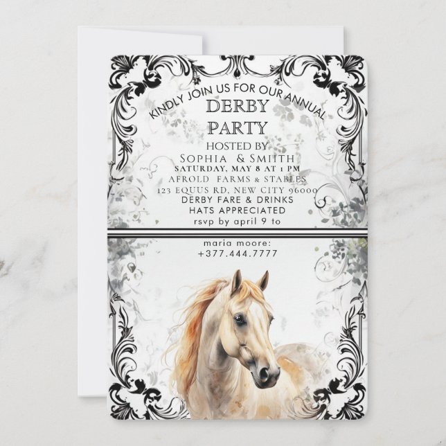 Elegant Derby Party Invitation With Horse Illustra (Front)
