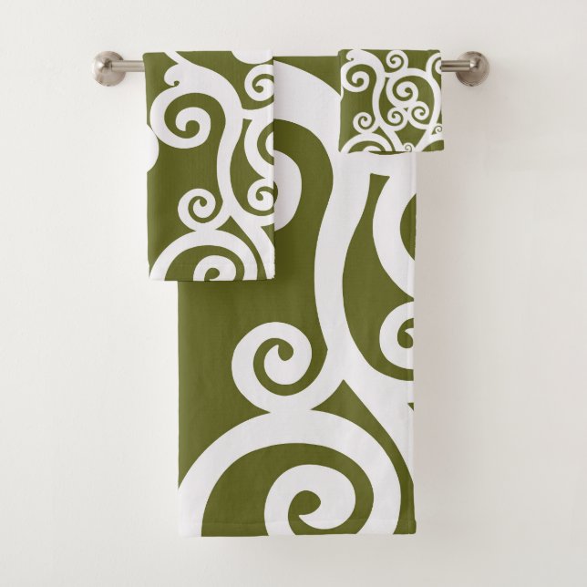 Elegant design, floral pattern, olive green, white bath towel set (Insitu)