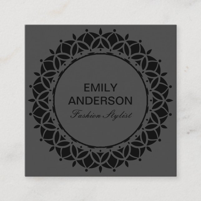 ELEGANT DESIGNER BLACK ORNATE FLORAL SUN MANDALA SQUARE BUSINESS CARD (Front)