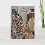 Elegant Designer Christmas Tree Card<br><div class="desc">A beautiful decorated to the nines Christmas tree with shimmer and glitz.  Surrounded by white furry Christmas trees and elegant holiday decorations. A room for a magazine.</div>