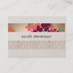 Elegant Designer Floral Chic Gold & Linen Striped Business Card