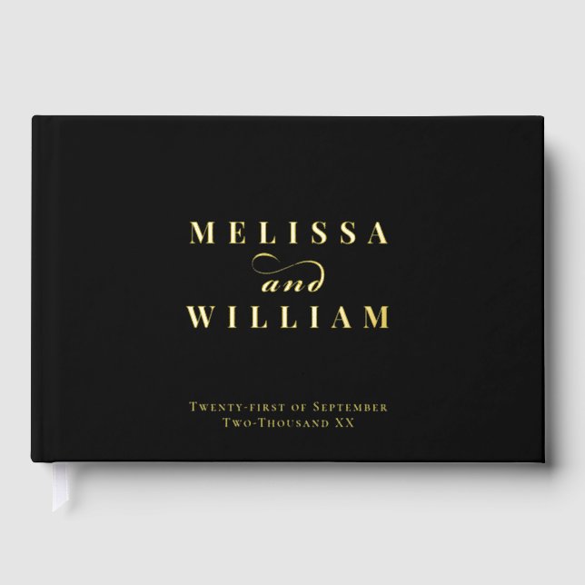 Elegant Designer Gold Foil Modern Black Wedding Guest Book (Front)