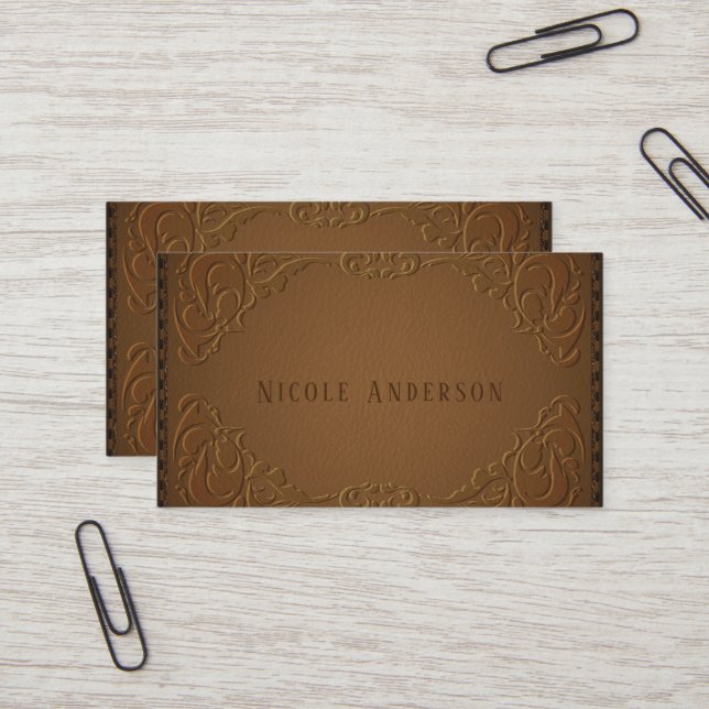 Elegant Designer Leather Rustic Western Country Business Card (Front/Back In Situ)