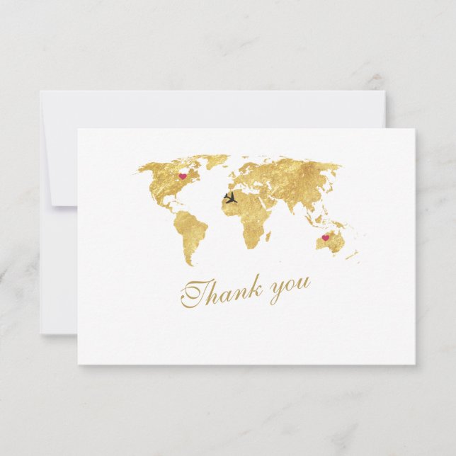 Elegant Destination Gold World Map Wedding Thank You Card (Front)