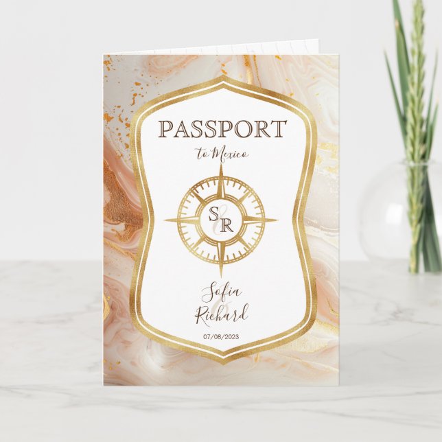 Elegant Destination Wedding Passport Compass Gold Invitation (Front)