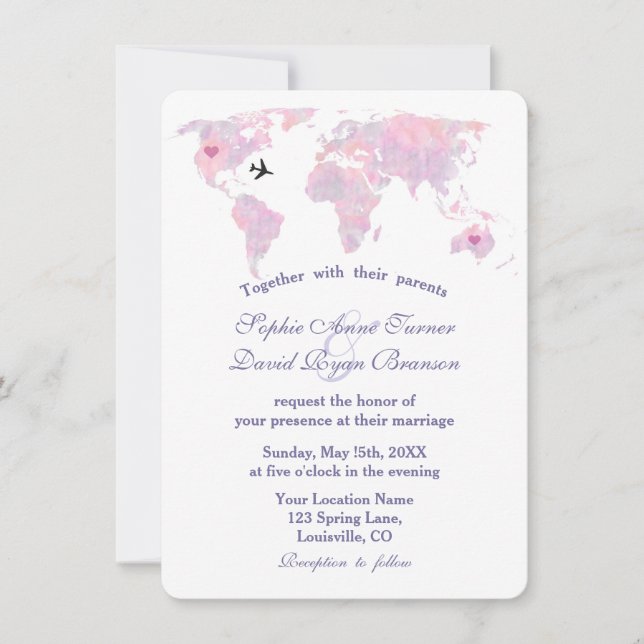 Elegant Destination Wedding Watercolor World Map Invitation (Front)