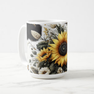 Elegant Detailed Sunflower and Floral Coffee Mug