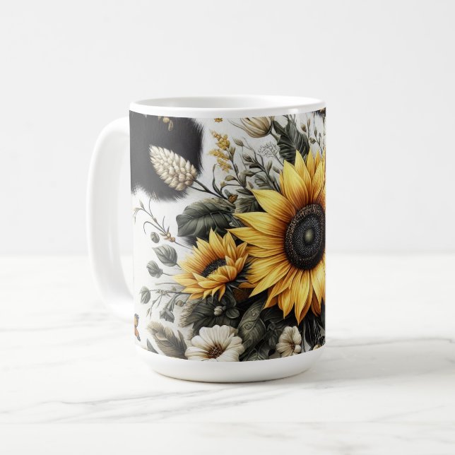 Elegant Detailed Sunflower and Floral Coffee Mug (Front Left)