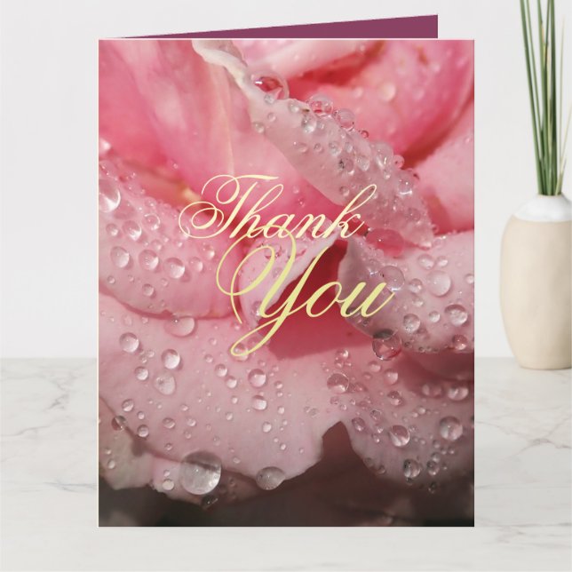 Elegant Dew Drops on Pink Rose Petal Maid of Honou Thank You Card (Front)