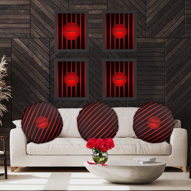 Elegant Diagonal Black Red Stripes Monogram Name  Round Cushion (Stylish, vivid crimson red and black diagonally striped round accent pillows personalized by you)