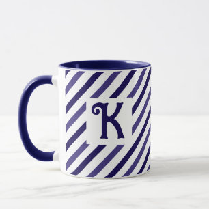 Elegant Diagonal Stripes Dark Blue Novelty Initial Mug