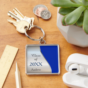 Elegant Diagonal Swirl Blue Silver Graduation Key Ring