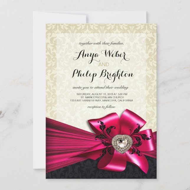 Elegant Diamante Satin Bow Wedding | ivory fuchsia Invitation (Front)