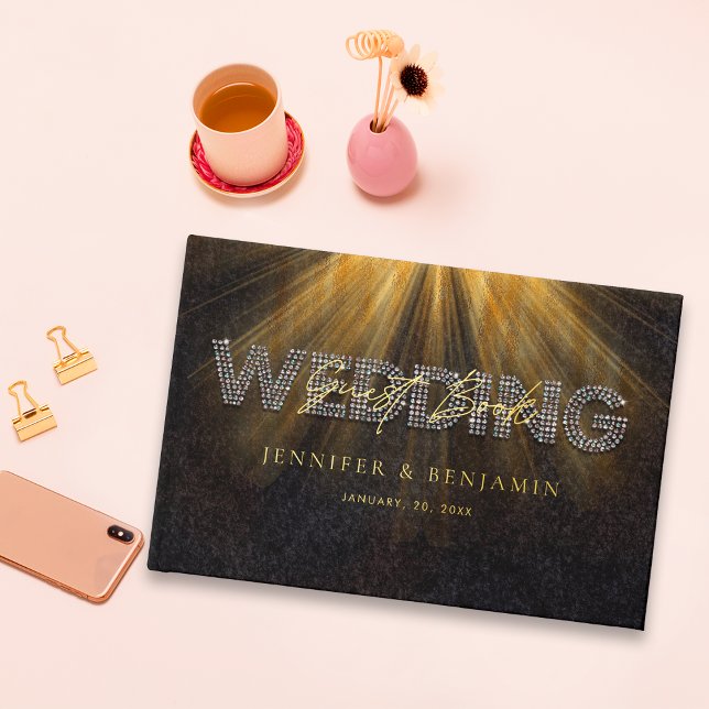 Elegant Diamond Black and Gold Diamond Wedding Guest Book (Creator Uploaded)