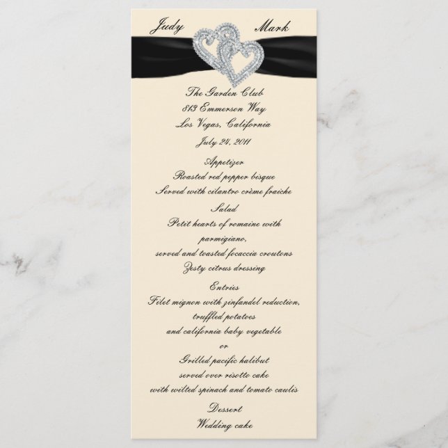 Elegant Diamond Black Ribbon Menu Card (Front)