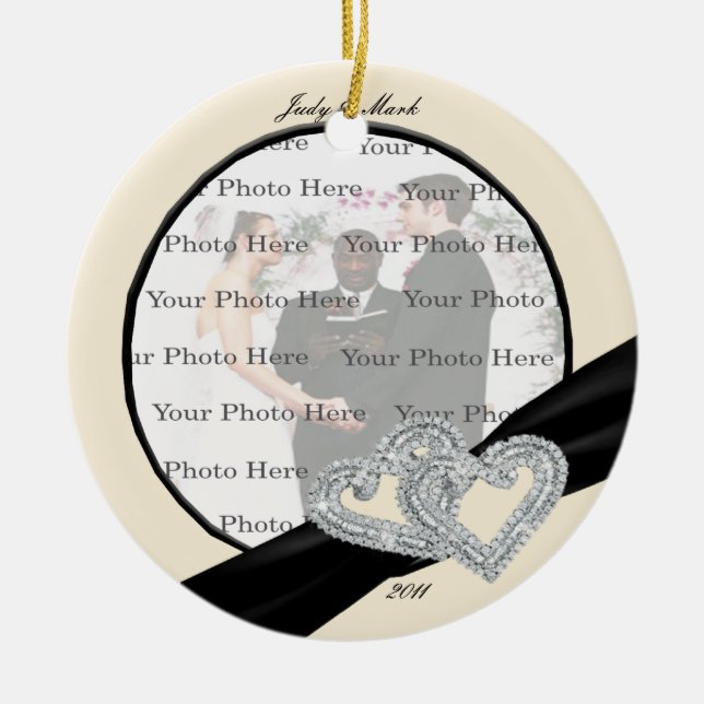 Elegant Diamond Black Ribbon Round Ornament (Front)
