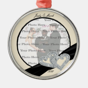 Elegant Diamond Black Ribbon Silver Round Ornament