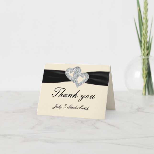 Elegant Diamond Black Ribbon Thank You Cards (Front)