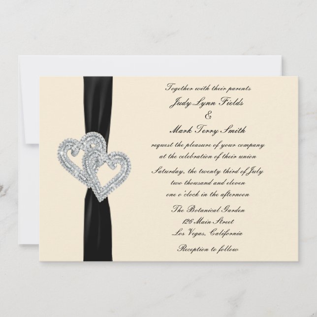 Elegant Diamond Black Ribbon Wedding Invitation (Front)