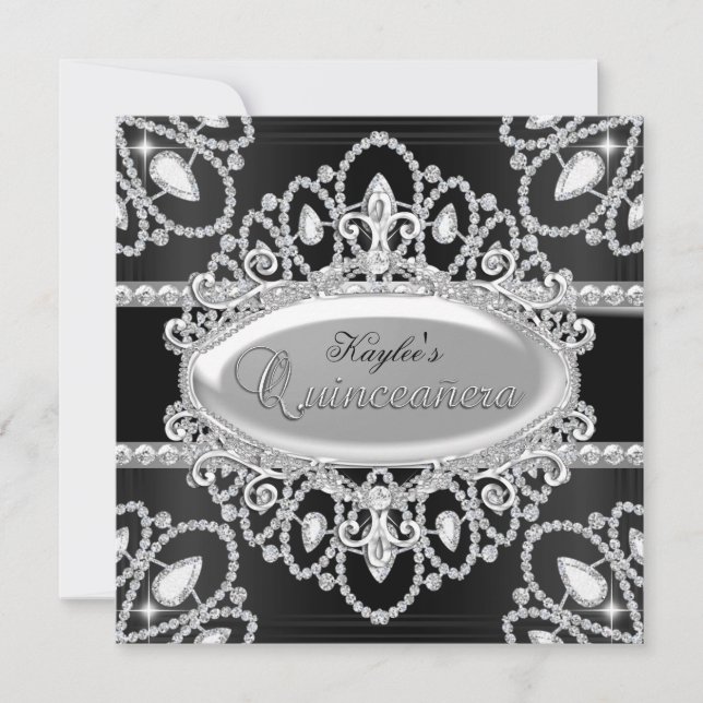 Elegant Diamond Black & Silver Quinceanera Invite (Front)