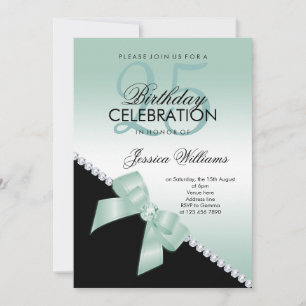 Elegant Diamond Bow, Aqua Marine & Black Birthday Invitation